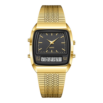 💥 Retro Style Square Face Multifunction Watch – Dual Display, Zinc Alloy, Stainless Steel ✨