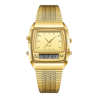 💥 Retro Style Square Face Multifunction Watch – Dual Display, Zinc Alloy, Stainless Steel ✨