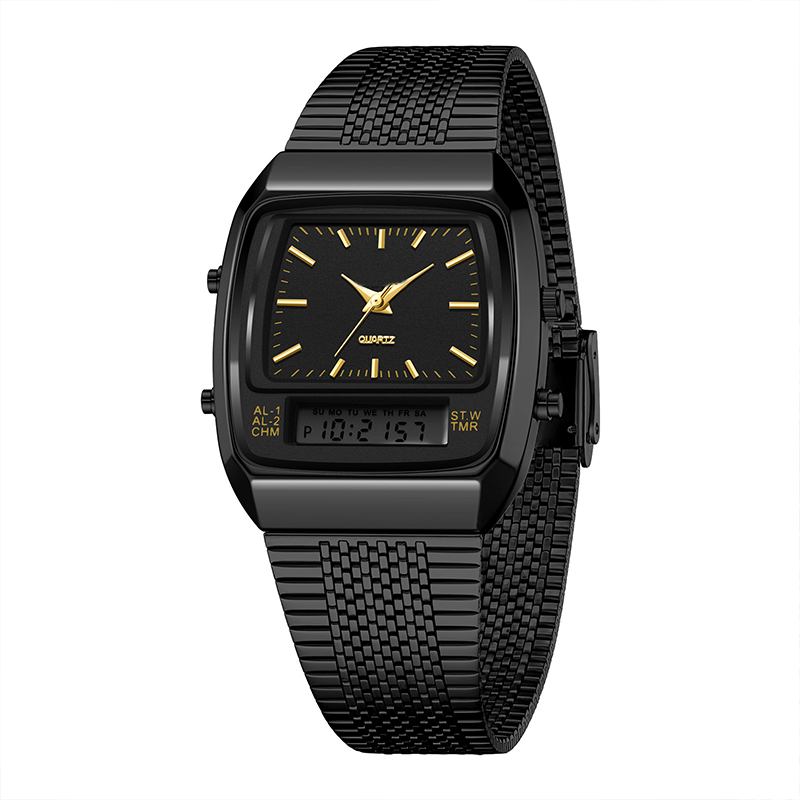 💥 Retro Style Square Face Multifunction Watch – Dual Display, Zinc Alloy, Stainless Steel ✨