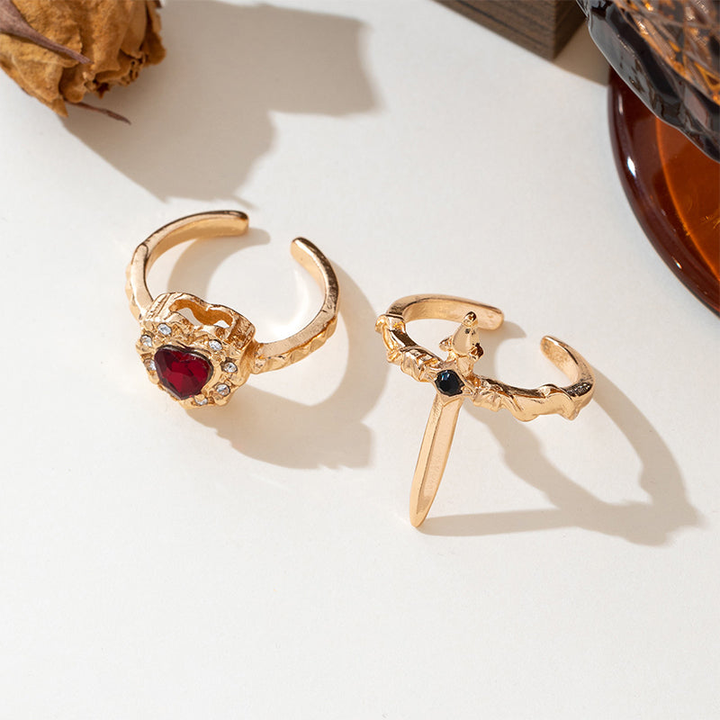 Vintage Adjustable Sword Piercing Heart Ring Set
