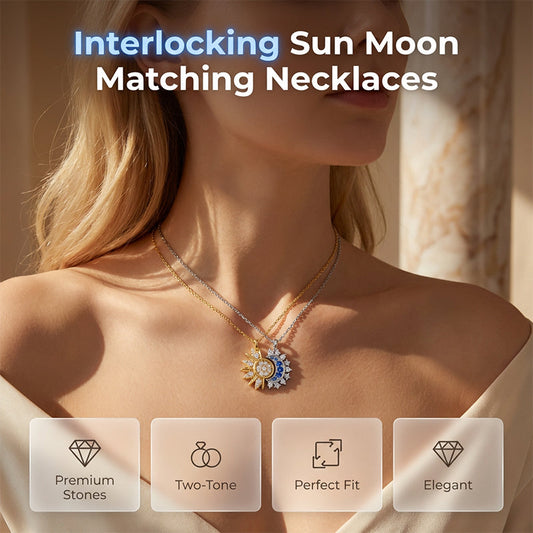 🌙💎Sun & Moon Pendant Necklace Set – Interlocking, Rhinestone & Two-Tone ✨