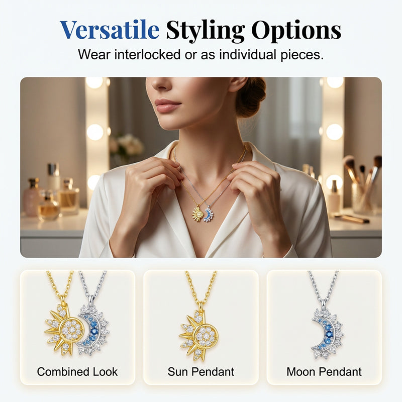 🌙💎Sun & Moon Pendant Necklace Set – Interlocking, Rhinestone & Two-Tone ✨