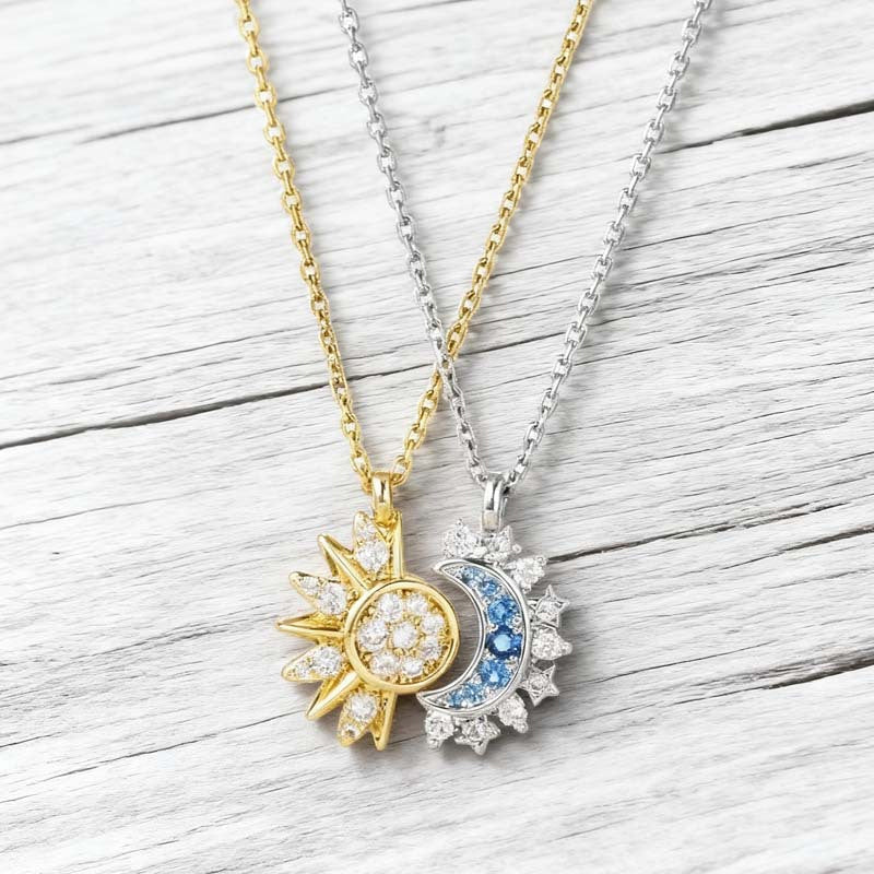 🌙💎Sun & Moon Pendant Necklace Set – Interlocking, Rhinestone & Two-Tone ✨