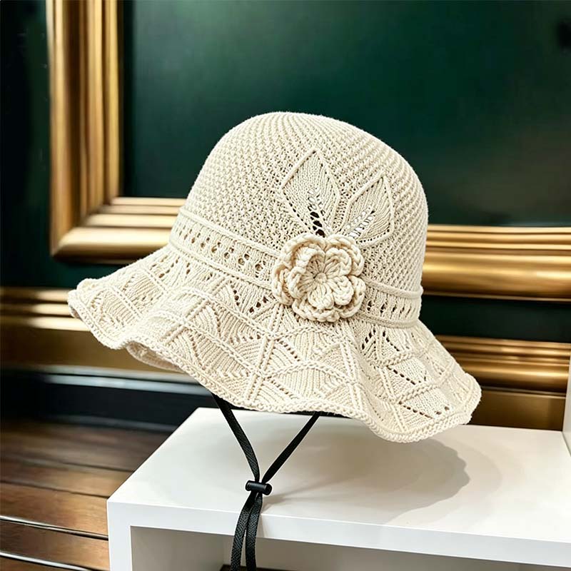 Women's Crochet Bucket Hat with Flower Accent