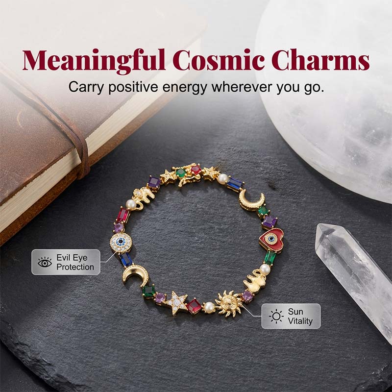 💫✨ Celestial Charm Bracelet – Sun, Moon, Stars, Multi-Color Crystals