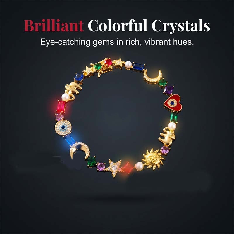 💫✨ Celestial Charm Bracelet – Sun, Moon, Stars, Multi-Color Crystals