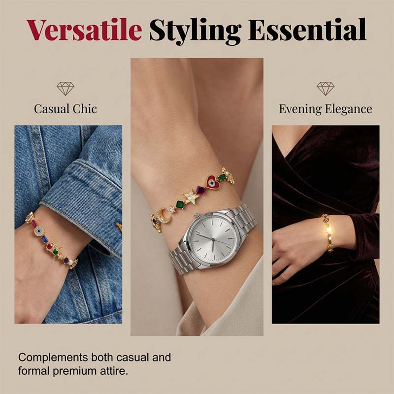 💫✨ Celestial Charm Bracelet – Sun, Moon, Stars, Multi-Color Crystals