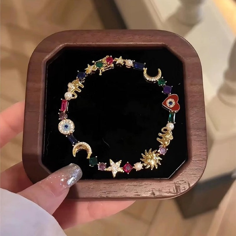 💫✨ Celestial Charm Bracelet – Sun, Moon, Stars, Multi-Color Crystals