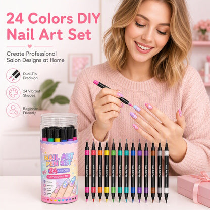 📢📢48% OFF !!⏰️ Dual‑Tip Nail Art Marker Set, 24 Colors DIY Nail Painting Pens for Nail Art Decor