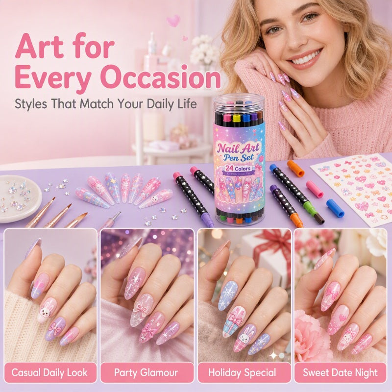 📢📢48% OFF !!⏰️ Dual‑Tip Nail Art Marker Set, 24 Colors DIY Nail Painting Pens for Nail Art Decor