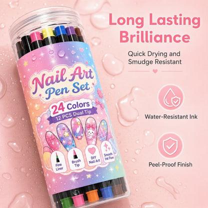 📢📢48% OFF !!⏰️ Dual‑Tip Nail Art Marker Set, 24 Colors DIY Nail Painting Pens for Nail Art Decor